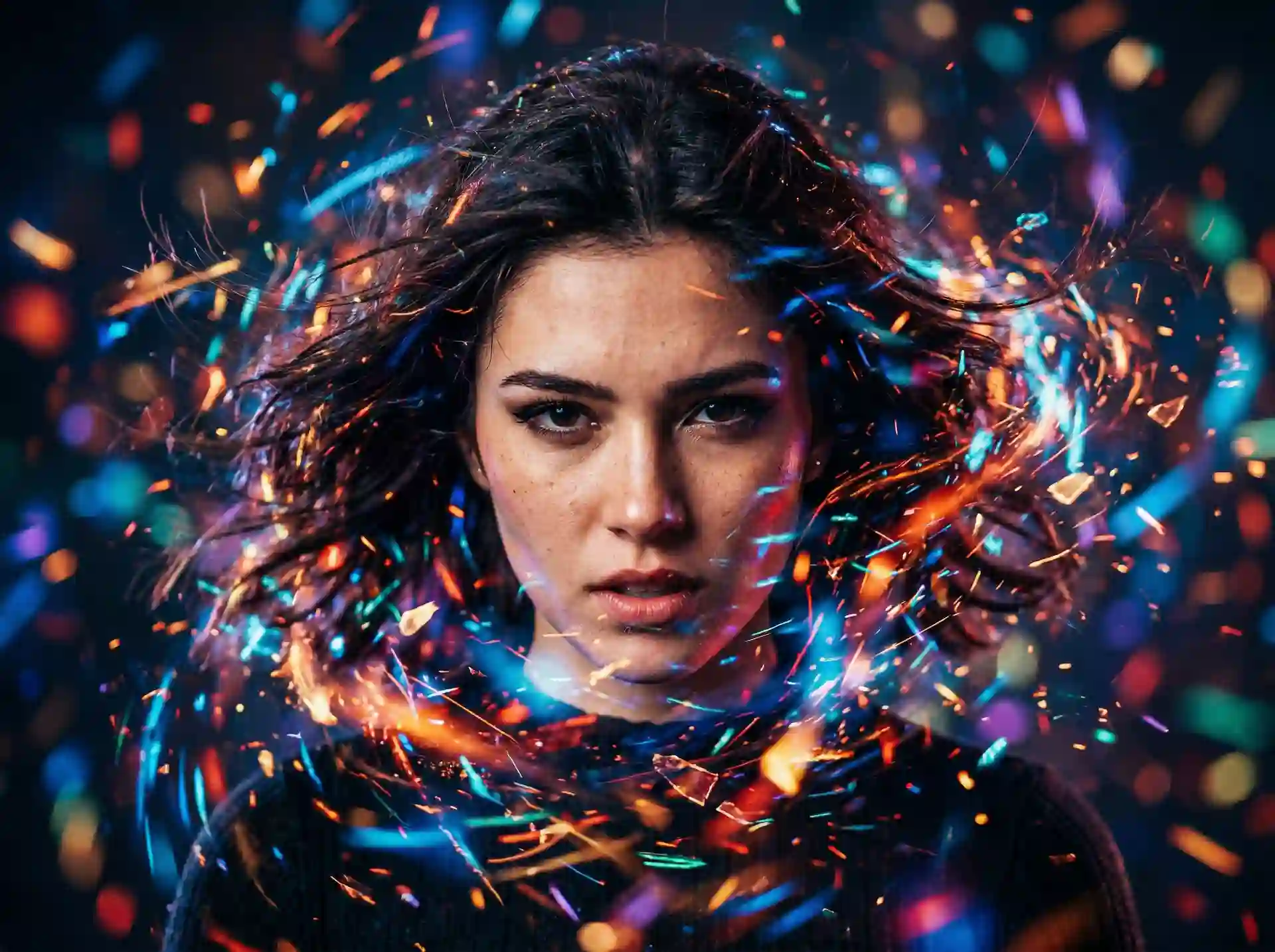 Firefly_GeminiFlash_closeup of a young woman's face surrounded by growling colorful particles 701046