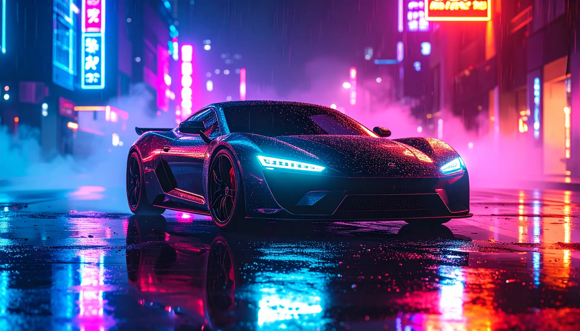 Firefly_A hyper-realistic front-side view of a black and red sports car parked on a rain-slic 10099