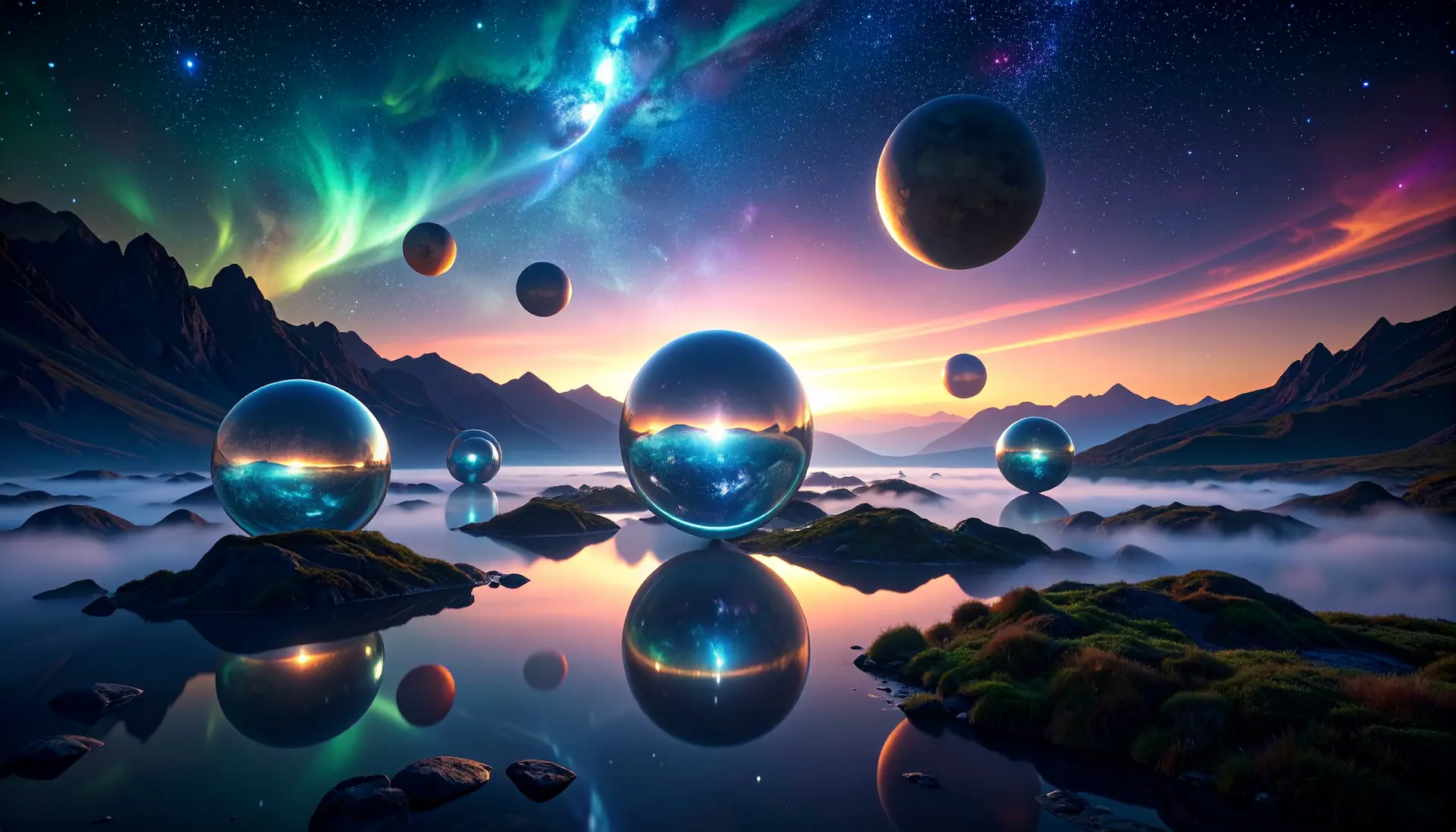 Firefly_A surreal cosmic landscape with floating translucent spheres, each reflecting surroun 955511